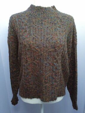 Cable Knit Sweater Mockneck Size Small Brown w/ Multicolor Speckles Knox Rose